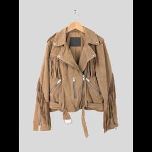 [SOLD] ALLSAINTS Womens Sz US 6 BALFERN Fringe Tassel Suede Leather Jacket Brown